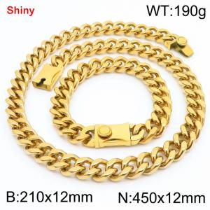 12MM Gold Color Stainless Steel Cuban Chain Bracelet Necklace Set Fashion Shiny Jewelry Sets - KS219339-Z