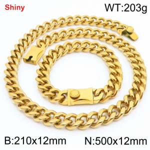 12MM Gold Color Stainless Steel Cuban Chain Bracelet Necklace Set Fashion Shiny Jewelry Sets - KS219340-Z