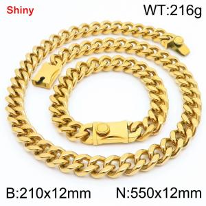 12MM Gold Color Stainless Steel Cuban Chain Bracelet Necklace Set Fashion Shiny Jewelry Sets - KS219341-Z