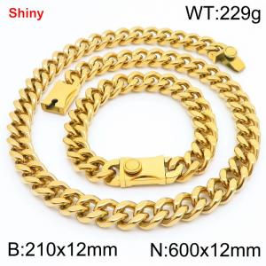 12MM Gold Color Stainless Steel Cuban Chain Bracelet Necklace Set Fashion Shiny Jewelry Sets - KS219342-Z