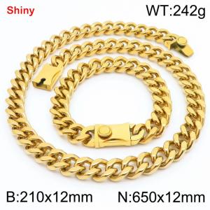 12MM Gold Color Stainless Steel Cuban Chain Bracelet Necklace Set Fashion Shiny Jewelry Sets - KS219343-Z