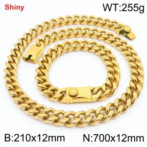 12MM Gold Color Stainless Steel Cuban Chain Bracelet Necklace Set Fashion Shiny Jewelry Sets - KS219344-Z