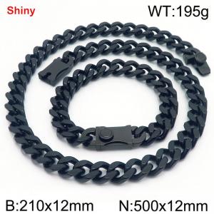 12MM Black Color Stainless Steel Cuban Chain Bracelet Necklace Set Fashion Shiny Jewelry Sets - KS219347-Z