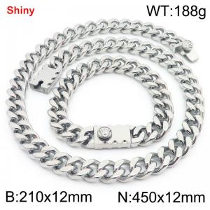 12MM Silver Color Stainless Steel Cuban Chain Bracelet Necklace Set Fashion Shiny Jewelry Sets - KS219353-Z