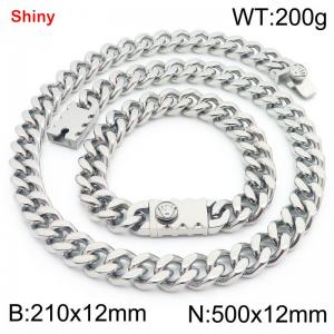 12MM Silver Color Stainless Steel Cuban Chain Bracelet Necklace Set Fashion Shiny Jewelry Sets - KS219354-Z