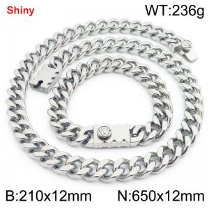 12MM Silver Color Stainless Steel Cuban Chain Bracelet Necklace Set Fashion Shiny Jewelry Sets - KS219357-Z