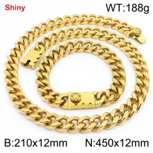 12MM Gold Color Stainless Steel Cuban Chain Bracelet Necklace Set Fashion Shiny Jewelry Sets - KS219360-Z