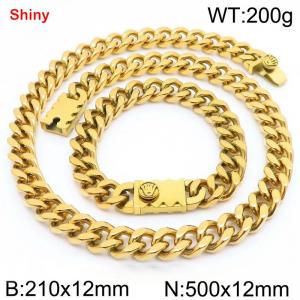 12MM Gold Color Stainless Steel Cuban Chain Bracelet Necklace Set Fashion Shiny Jewelry Sets - KS219361-Z