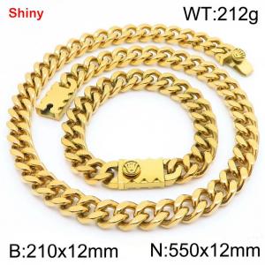 12MM Gold Color Stainless Steel Cuban Chain Bracelet Necklace Set Fashion Shiny Jewelry Sets - KS219362-Z