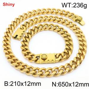 12MM Gold Color Stainless Steel Cuban Chain Bracelet Necklace Set Fashion Shiny Jewelry Sets - KS219364-Z