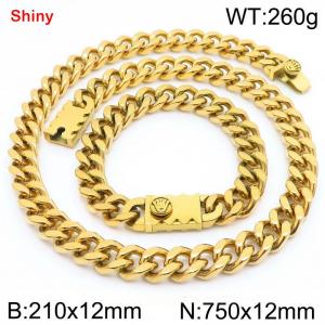 12MM Gold Color Stainless Steel Cuban Chain Bracelet Necklace Set Fashion Shiny Jewelry Sets - KS219366-Z