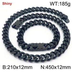 12MM Black Color Stainless Steel Cuban Chain Bracelet Necklace Set Fashion Shiny Jewelry Sets - KS219367-Z