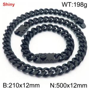 12MM Black Color Stainless Steel Cuban Chain Bracelet Necklace Set Fashion Shiny Jewelry Sets - KS219368-Z