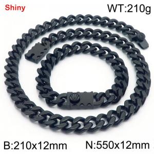 12MM Black Color Stainless Steel Cuban Chain Bracelet Necklace Set Fashion Shiny Jewelry Sets - KS219369-Z