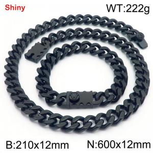 12MM Black Color Stainless Steel Cuban Chain Bracelet Necklace Set Fashion Shiny Jewelry Sets - KS219370-Z