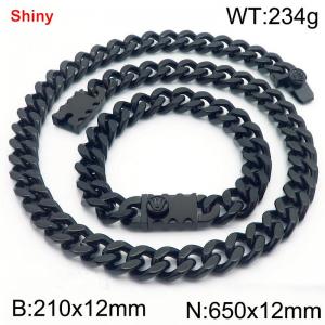 12MM Black Color Stainless Steel Cuban Chain Bracelet Necklace Set Fashion Shiny Jewelry Sets - KS219371-Z