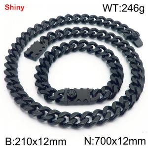 12MM Black Color Stainless Steel Cuban Chain Bracelet Necklace Set Fashion Shiny Jewelry Sets - KS219372-Z