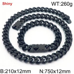 12MM Black Color Stainless Steel Cuban Chain Bracelet Necklace Set Fashion Shiny Jewelry Sets - KS219373-Z