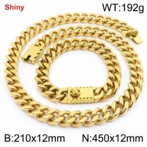 12MM Gold Color Stainless Steel Cuban Chain Bracelet Necklace Set Fashion Shiny Jewelry Sets - KS219374-Z