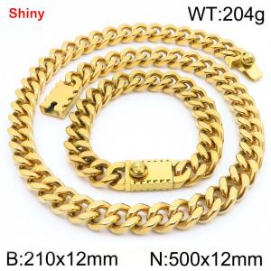 12MM Gold Color Stainless Steel Cuban Chain Bracelet Necklace Set Fashion Shiny Jewelry Sets - KS219375-Z