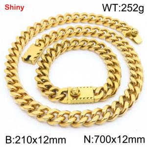 12MM Gold Color Stainless Steel Cuban Chain Bracelet Necklace Set Fashion Shiny Jewelry Sets - KS219379-Z