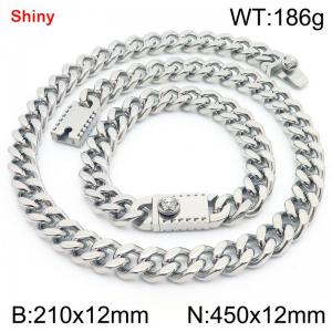 12MM Silver Color Stainless Steel Cuban Chain Bracelet Necklace Set Fashion Shiny Jewelry Sets - KS219381-Z