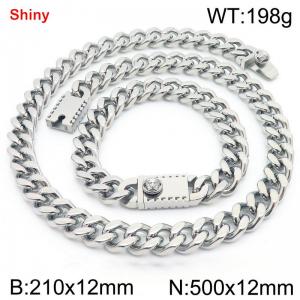 12MM Silver Color Stainless Steel Cuban Chain Bracelet Necklace Set Fashion Shiny Jewelry Sets - KS219382-Z