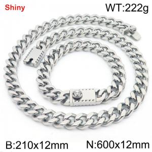 12MM Silver Color Stainless Steel Cuban Chain Bracelet Necklace Set Fashion Shiny Jewelry Sets - KS219384-Z