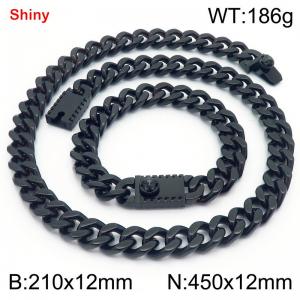 12MM Black Color Stainless Steel Cuban Chain Bracelet Necklace Set Fashion Shiny Jewelry Sets - KS219388-Z