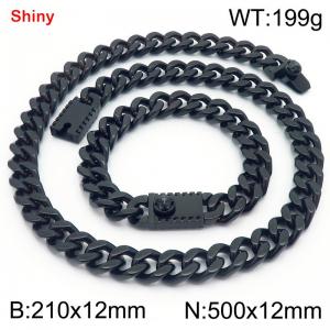 12MM Black Color Stainless Steel Cuban Chain Bracelet Necklace Set Fashion Shiny Jewelry Sets - KS219389-Z