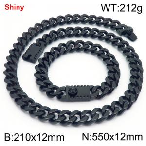 12MM Black Color Stainless Steel Cuban Chain Bracelet Necklace Set Fashion Shiny Jewelry Sets - KS219390-Z