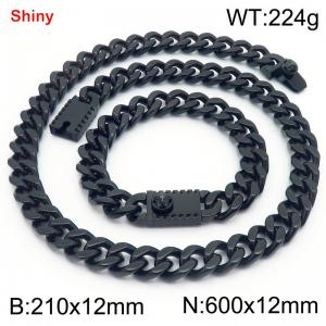 12MM Black Color Stainless Steel Cuban Chain Bracelet Necklace Set Fashion Shiny Jewelry Sets - KS219391-Z