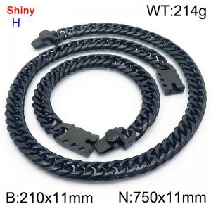 750 * 11mm stainless steel Cuban chain black bracelet necklace set - KS219436-Z