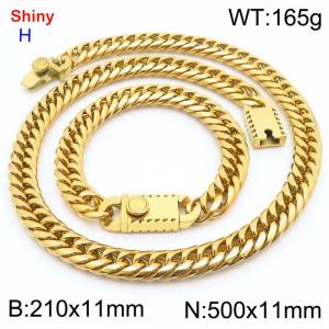 500 * 11mm stainless steel Cuban chain gold bracelet necklace set - KS219438-Z