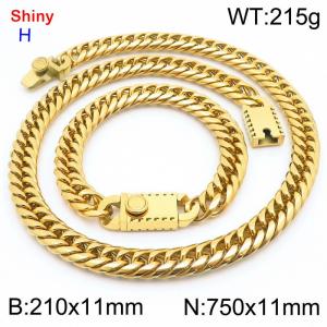 750 * 11mm stainless steel Cuban chain gold bracelet necklace set - KS219443-Z