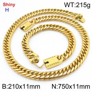 750 * 11mm stainless steel Cuban chain gold bracelet necklace set - KS219485-Z