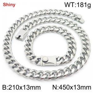 450&210x13MM Silver Stainless Steel Cuban Chain Bracelet Necklace Set Fashion Shining Jewelry Set - KS219500-Z