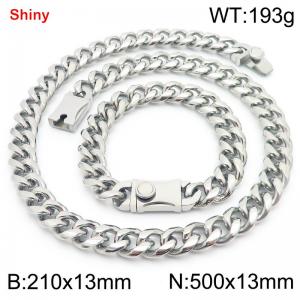 500&210x13MM Silver Stainless Steel Cuban Chain Bracelet Necklace Set Fashion Shining Jewelry Set - KS219501-Z