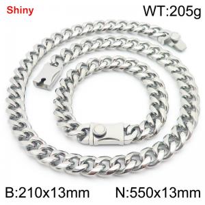 550&210x13MM Silver Stainless Steel Cuban Chain Bracelet Necklace Set Fashion Shining Jewelry Set - KS219502-Z