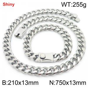 750&210x13MM Silver Stainless Steel Cuban Chain Bracelet Necklace Set Fashion Shining Jewelry Set - KS219506-Z