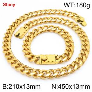 450&210x13MM Gold Color Stainless Steel Cuban Chain Bracelet Necklace Set Fashion Shining Jewelry Set - KS219507-Z