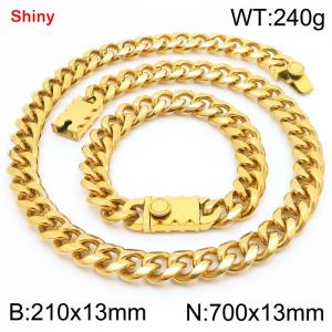 700&210x13MM Gold Color Stainless Steel Cuban Chain Bracelet Necklace Set Fashion Shining Jewelry Set - KS219512-Z