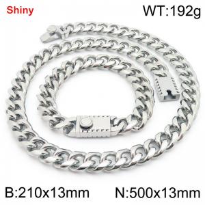 500&210x13MM Silver Stainless Steel Cuban Chain Bracelet Necklace Set Fashion Shining Jewelry Set - KS219522-Z