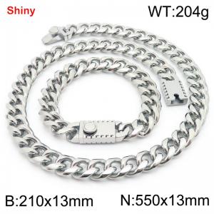 550&210x13MM Silver Stainless Steel Cuban Chain Bracelet Necklace Set Fashion Shining Jewelry Set - KS219523-Z