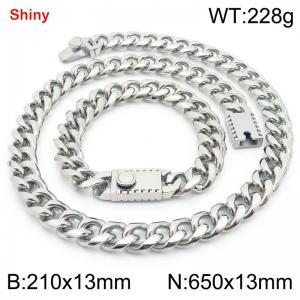 650&210x13MM Silver Stainless Steel Cuban Chain Bracelet Necklace Set Fashion Shining Jewelry Set - KS219525-Z