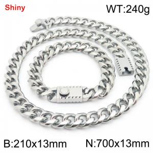 700&210x13MM Silver Stainless Steel Cuban Chain Bracelet Necklace Set Fashion Shining Jewelry Set - KS219526-Z