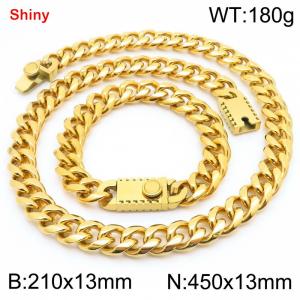 450&210x13MM Gold Color Stainless Steel Cuban Chain Bracelet Necklace Set Fashion Shining Jewelry Set - KS219528-Z