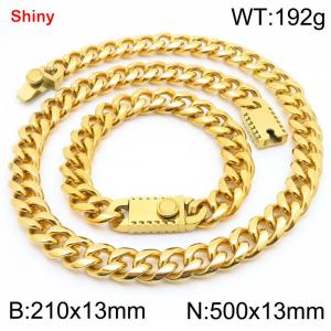 500&210x13MM Gold Color Stainless Steel Cuban Chain Bracelet Necklace Set Fashion Shining Jewelry Set - KS219529-Z