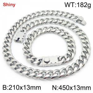 450&210x13MM Silver Stainless Steel Cuban Chain Bracelet Necklace Set Fashion Shining Jewelry Set - KS219542-Z