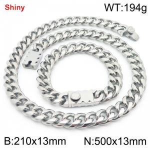 500&210x13MM Silver Stainless Steel Cuban Chain Bracelet Necklace Set Fashion Shining Jewelry Set - KS219543-Z